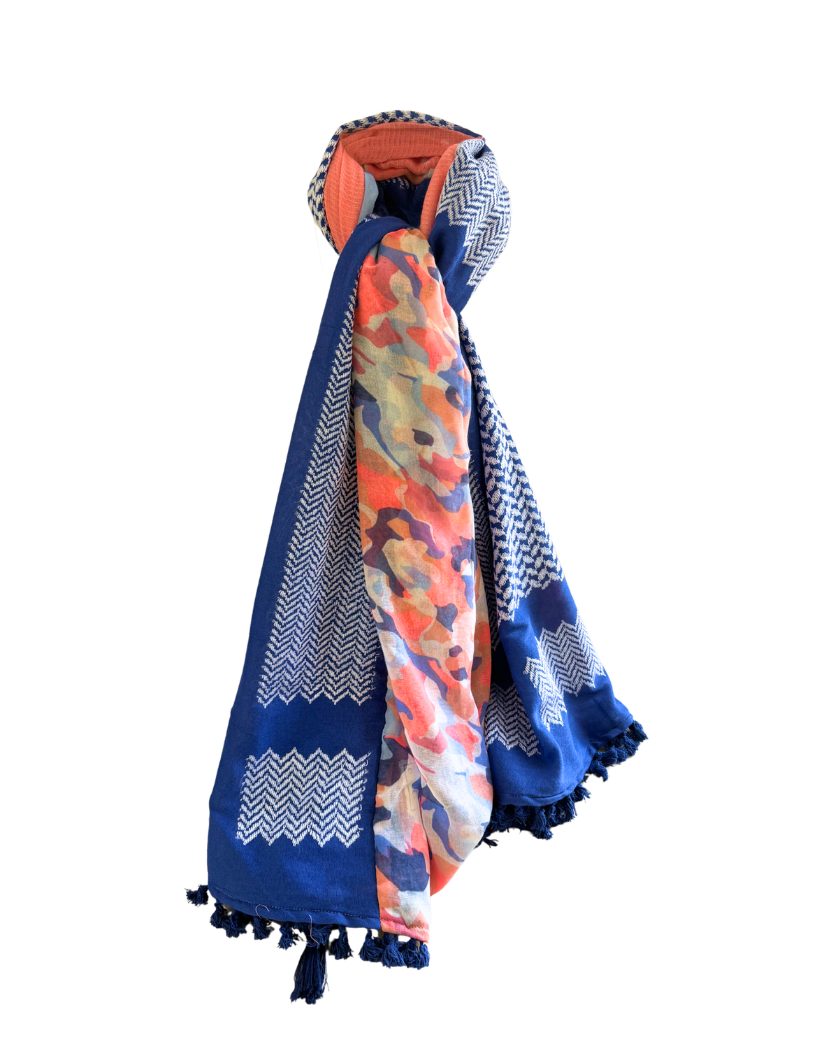 Hatta and Two Fabric Scarf in Coral and Blue