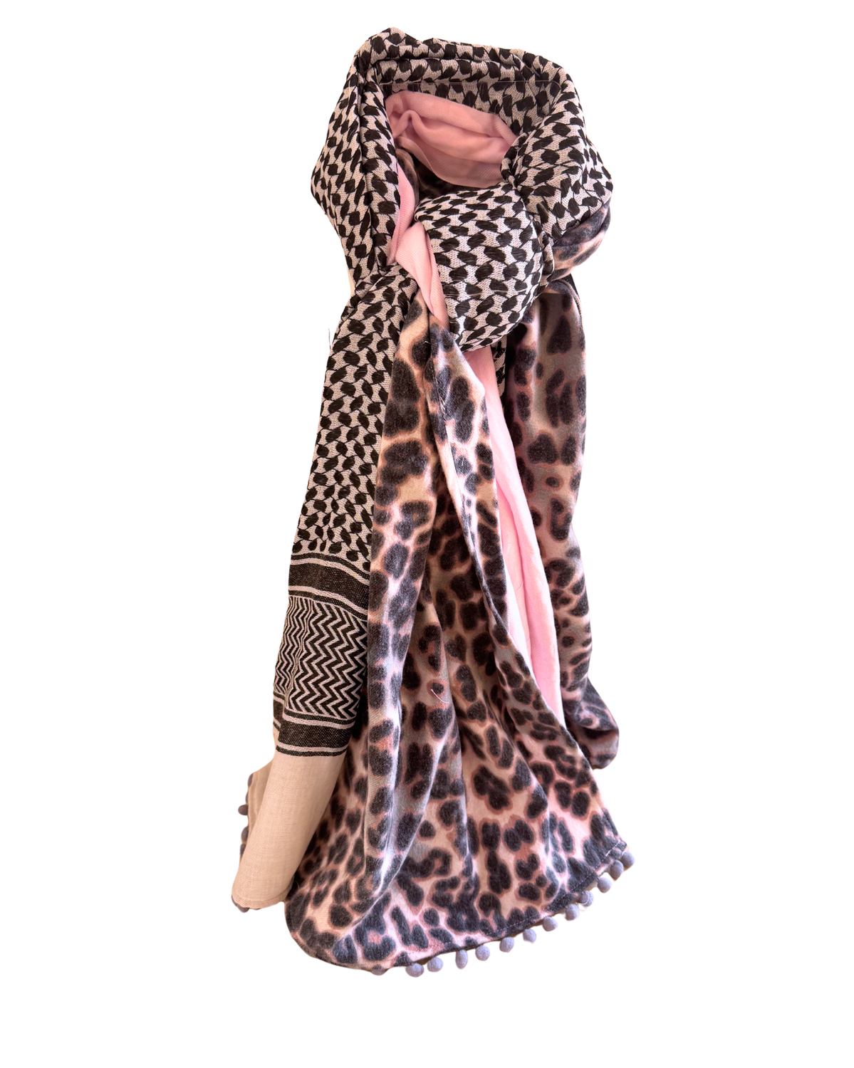 Hatta and Two Fabric Scarf in Baby Pink Leopard Print