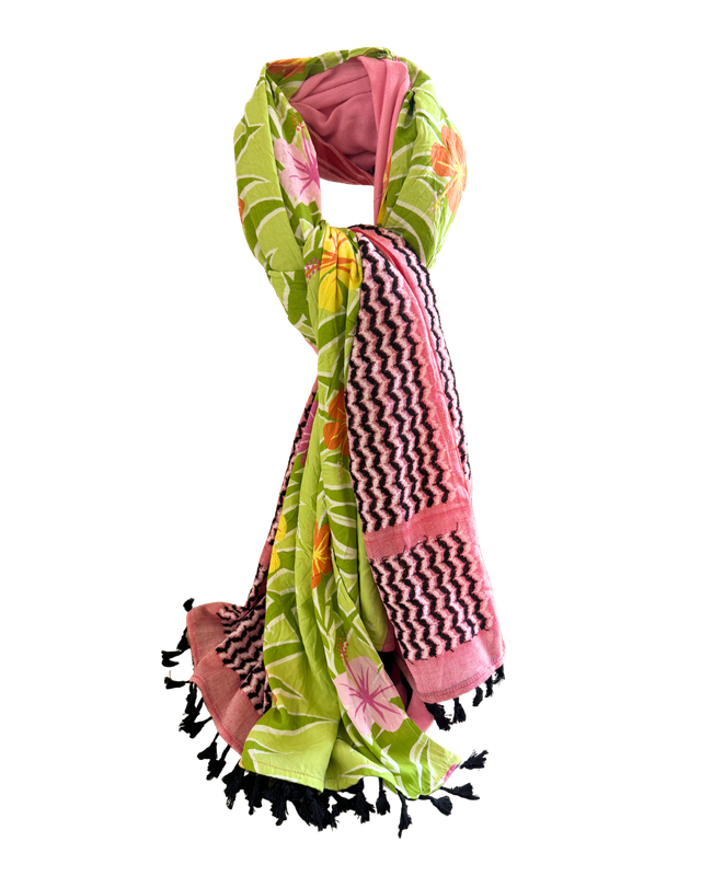 Hatta and Two Fabric Scarf in Lime Green and Pink