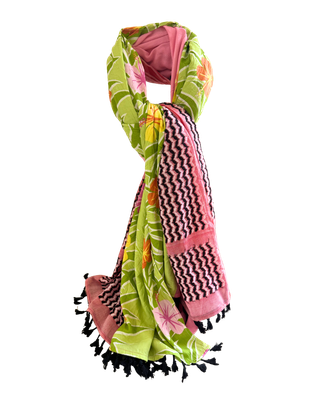 Hatta and Two Fabric Scarf in Lime Green and Pink