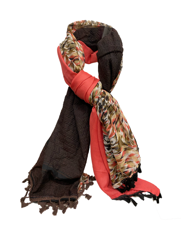 Hatta and Two Fabric Scarf in Brown and Dark Coral