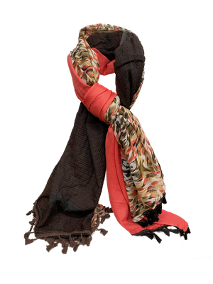 Hatta and Two Fabric Scarf in Brown and Dark Coral