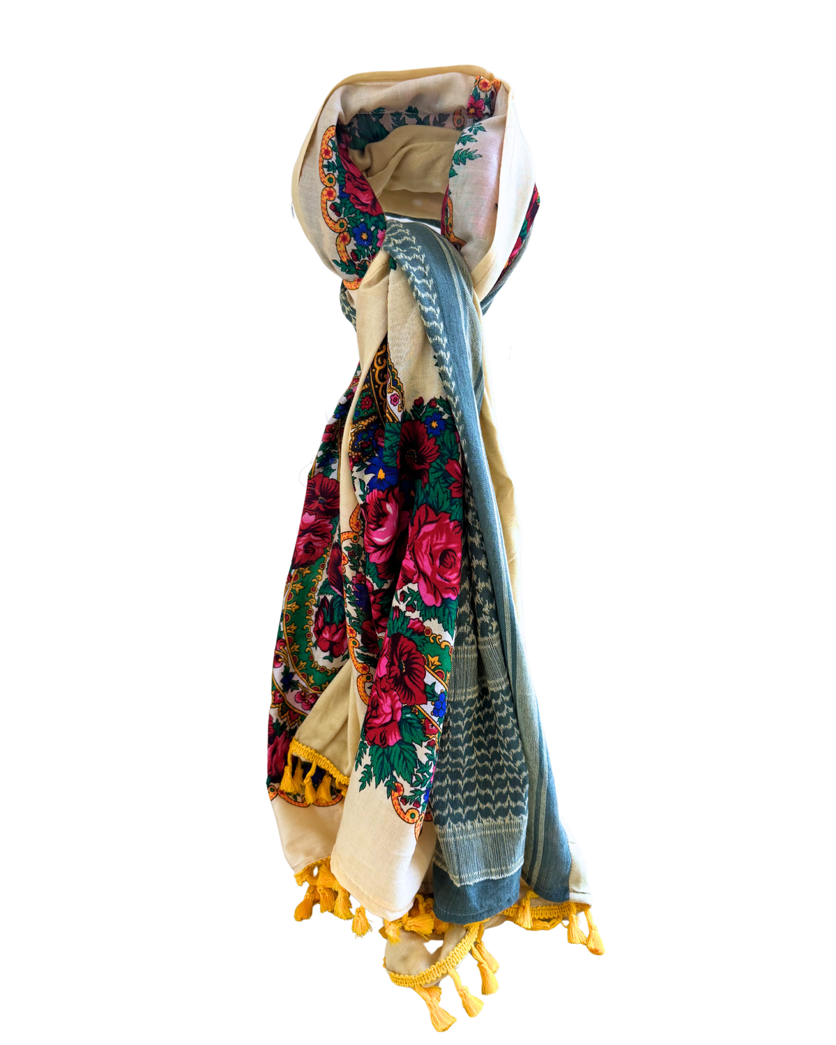 Hatta and Two Fabric Scarf in Teal and Yellow