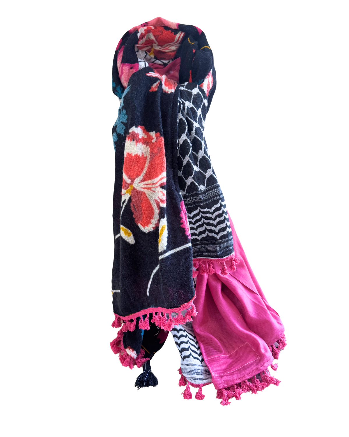 Hatta and Two Fabric Scarf in Black and Pink Floral