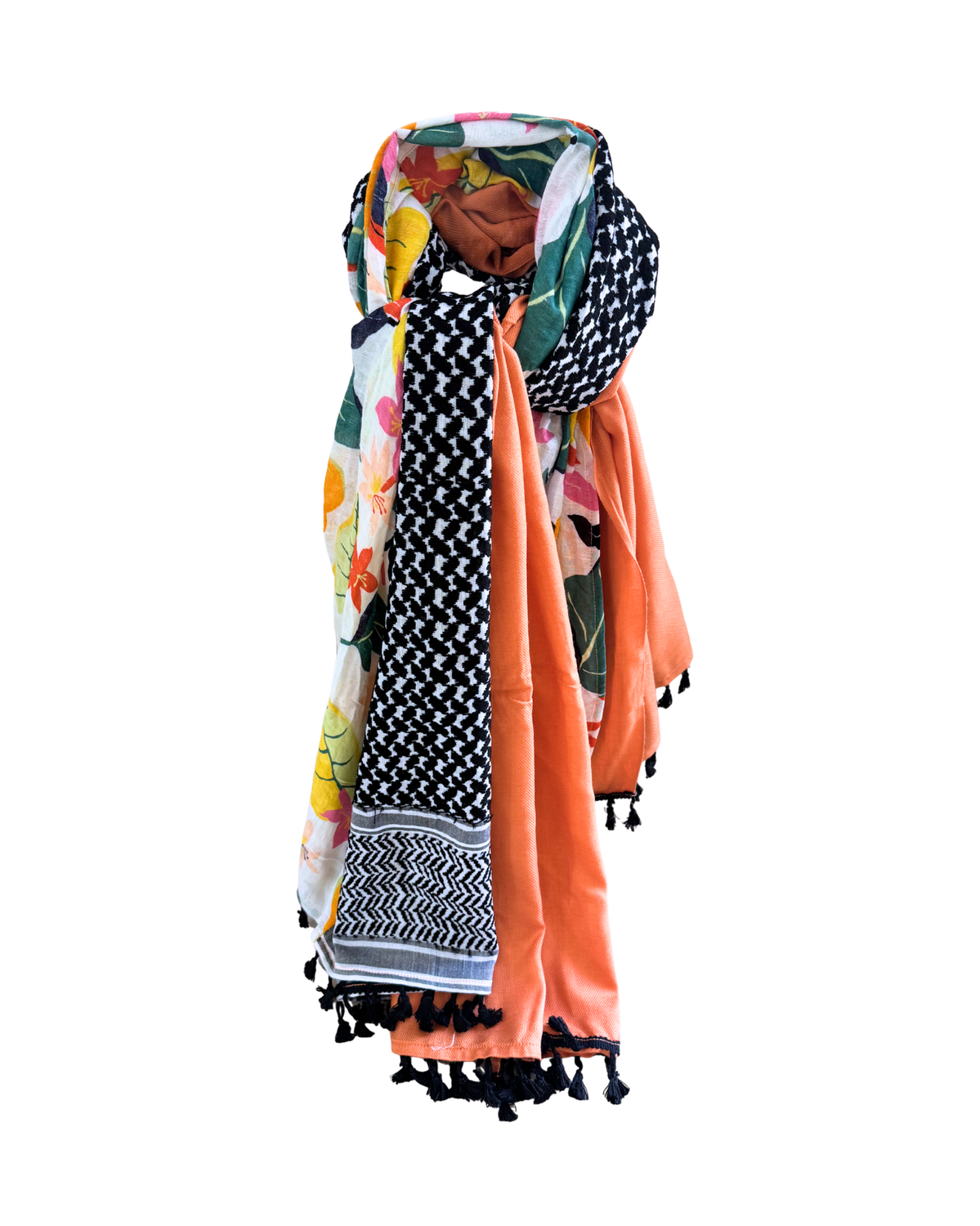 Hatta and Two Fabric Scarf in Coral, Teal and White