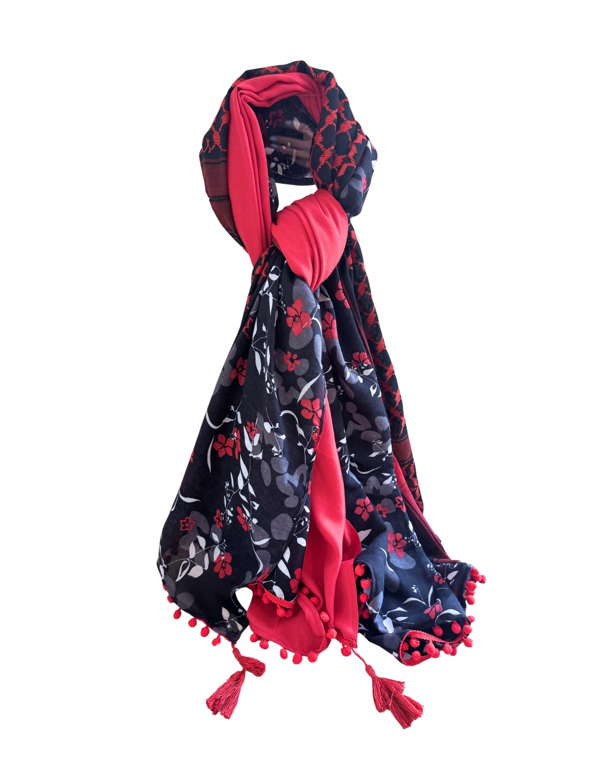 Hatta and Two Fabric Scarf in Bright Pink and Black