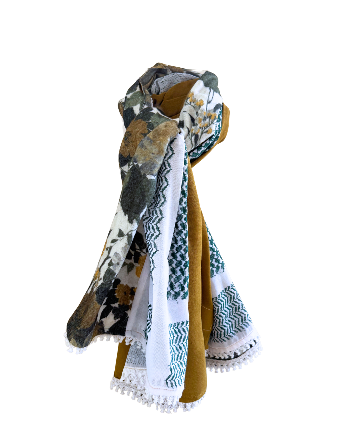 Hatta and Two Fabric Scarf in Mustard and Dark Green