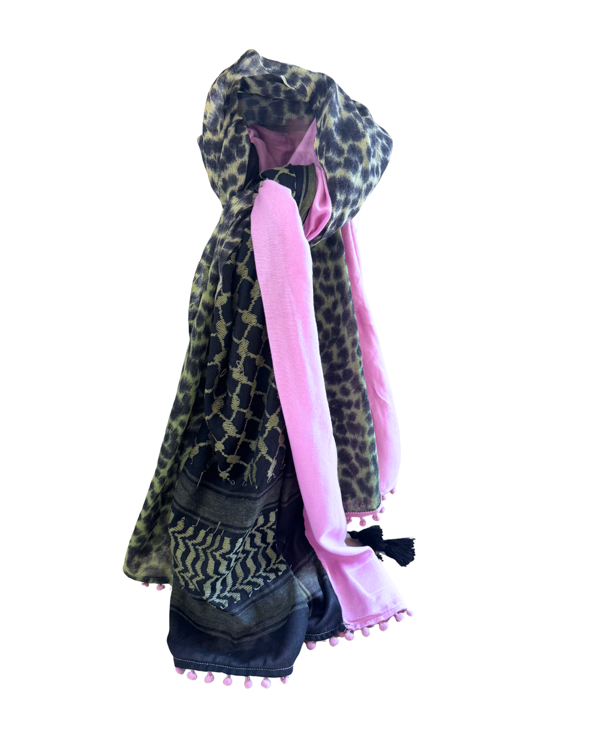 Hatta and Two Fabric Scarf in Olive Green and Pink
