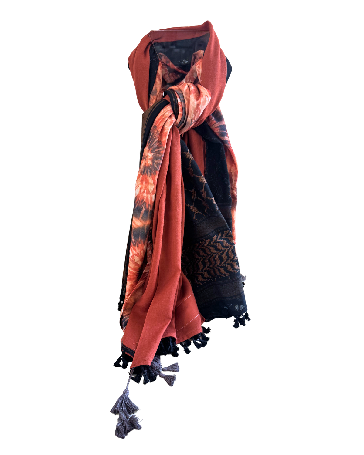 Hatta and Two Fabric Scarf in Coral and Black