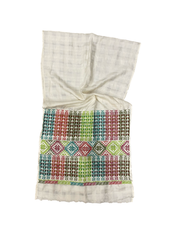 The Embroidered Silk Scarf in White with Heavy Embroidery