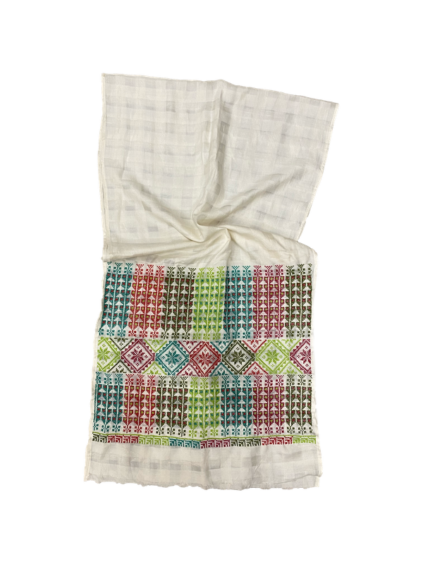 The Embroidered Silk Scarf in White with Heavy Embroidery