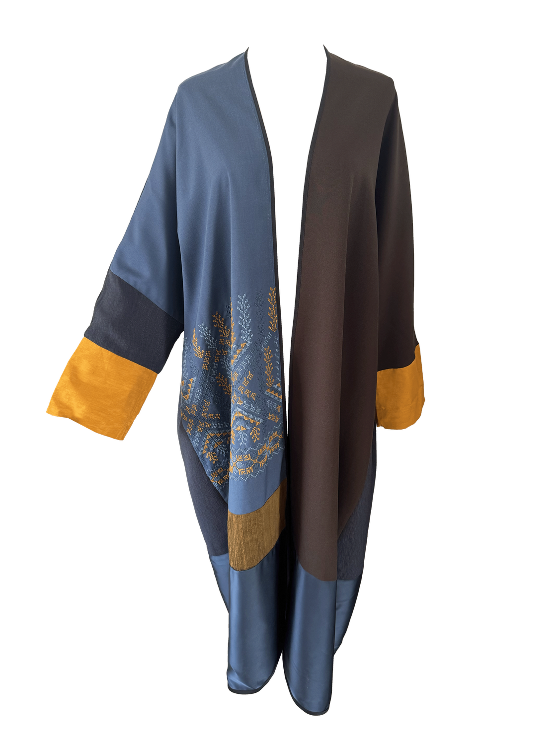 Abaya with Hand Embroidery in Teal and Brown with Yellow Trim
