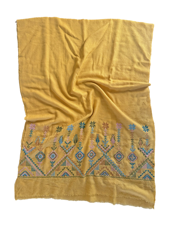 The Embroidered Scarf in Yellow Cashmere