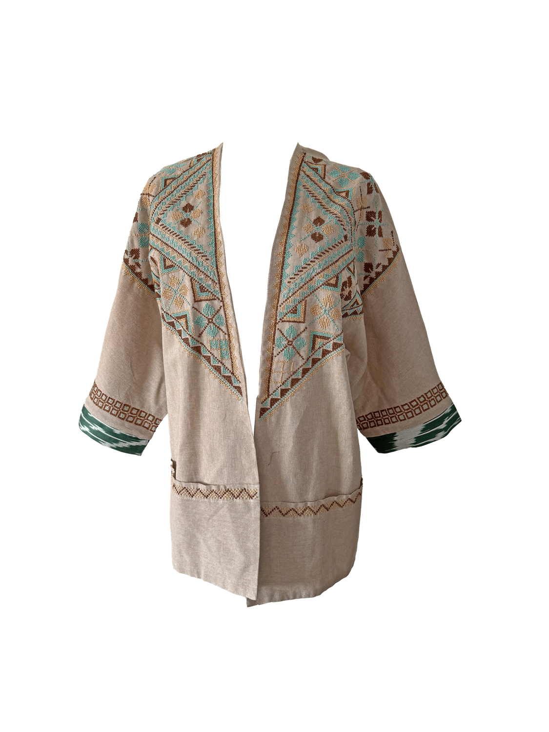 The Short Sleeve Linen Jacket With Hand Embroidery in Beige with Green