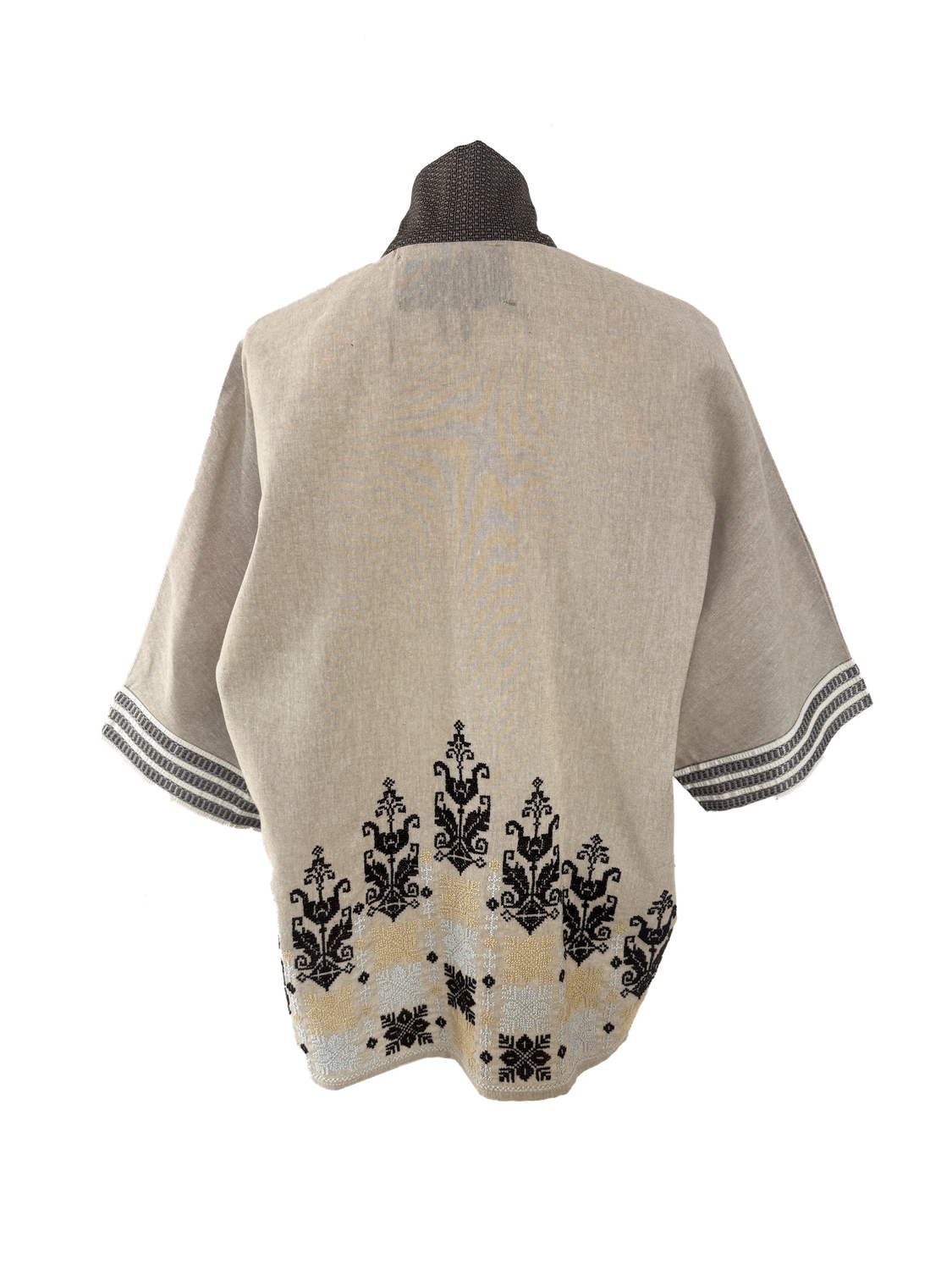 The Short Sleeve Linen Jacket With Hand Embroidery in Beige with Saya Trim