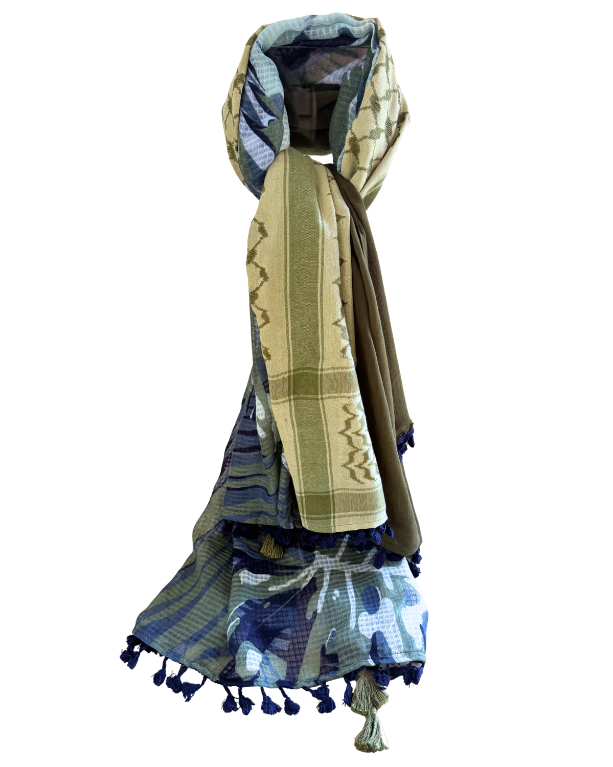 Hatta and Two Fabric Scarf in Olive Green and Blue