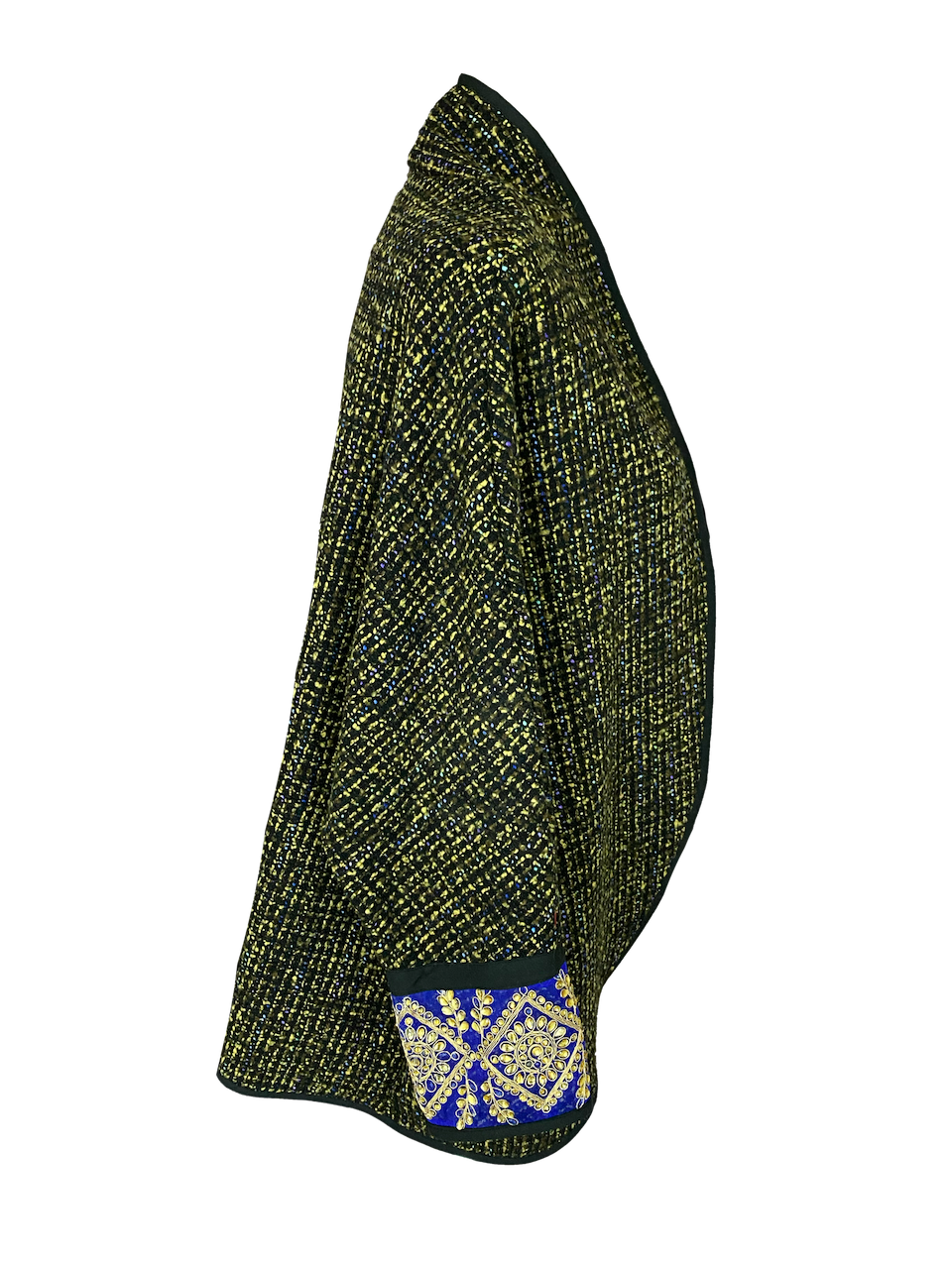 The Round Jacket in Black and Yellow Tweed With Machine Embroidered Cuffs, Embroidery Style: Gold and Navy Blue