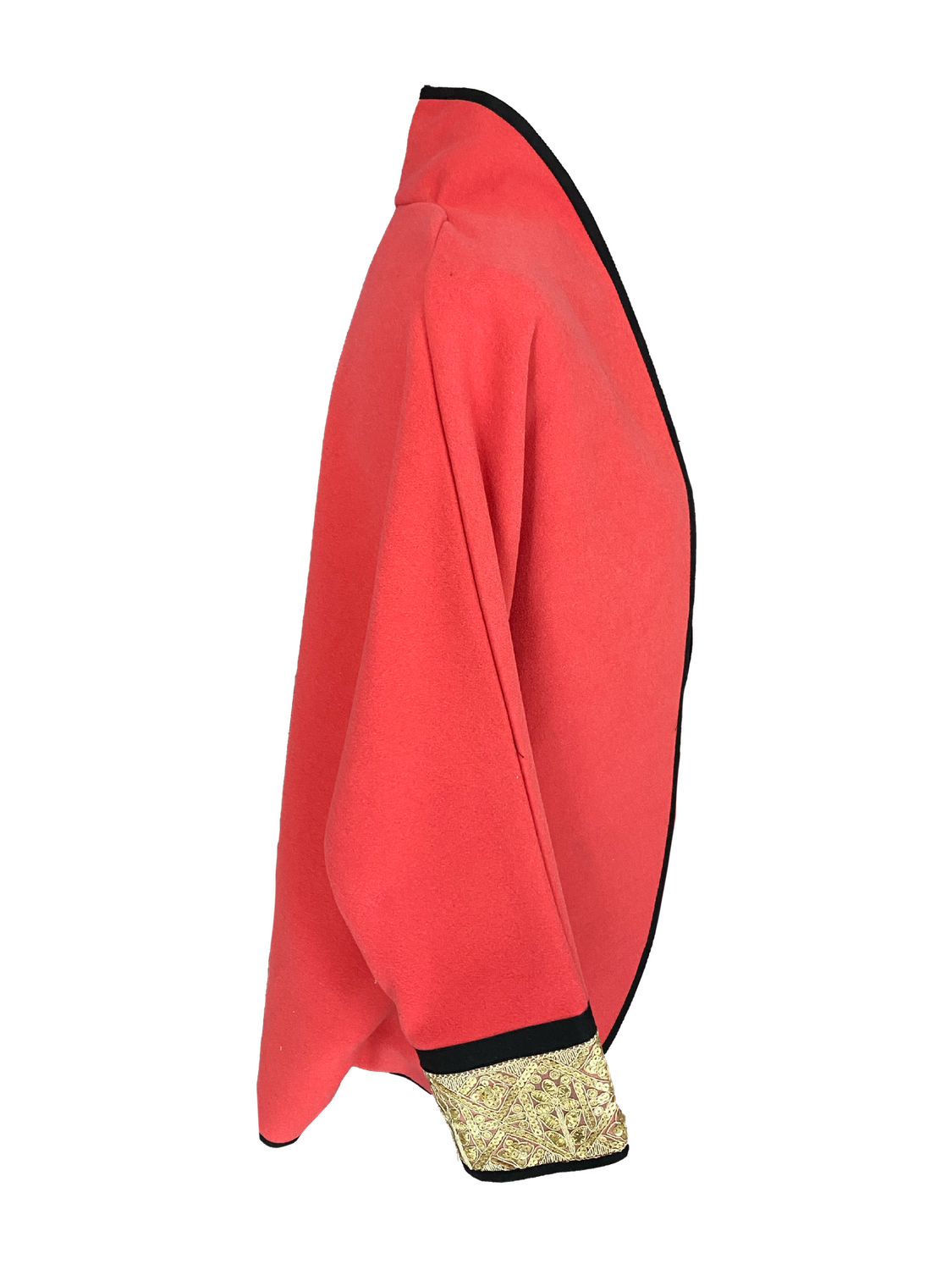 The Round Jacket in Coral With Machine Embroidered Cuffs, Embroidery Style: Gold