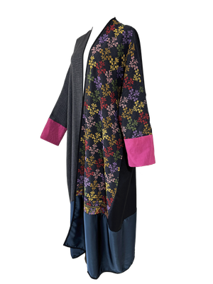 The Long Abaya With Heavy Hand embroidery in Black and Grey With Rainbow Embroidery