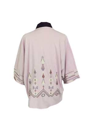 The Short Sleeve Linen Jacket With Heavy Hand Embroidery in Dark Purple