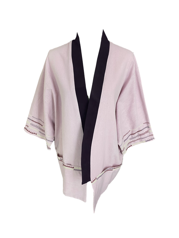 The Short Sleeve Linen Jacket With Heavy Hand Embroidery in Dark Purple