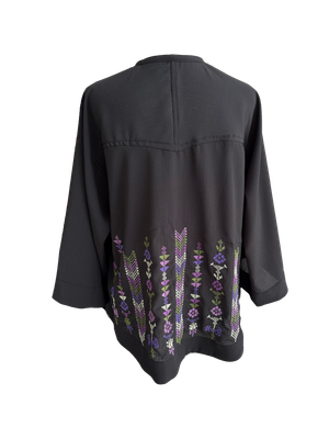 The Kimono Cut Jacket With Light Embroidery in Sheer Black with Purple