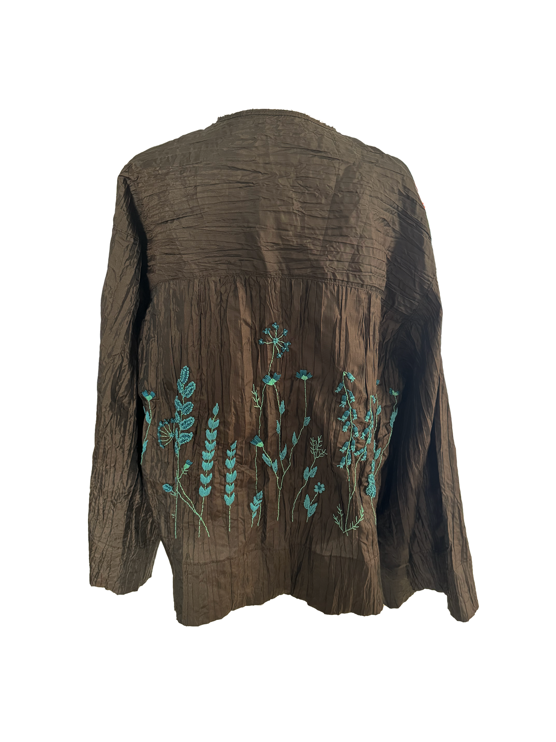 Nadia Dajani x UNHCR Brown Nylon Shirt with Blue Hand Embroidery on the Back