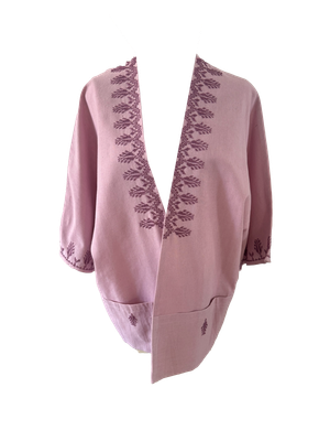 The Short Sleeve Linen Jacket With Vertical Hand Embroidery in Pink