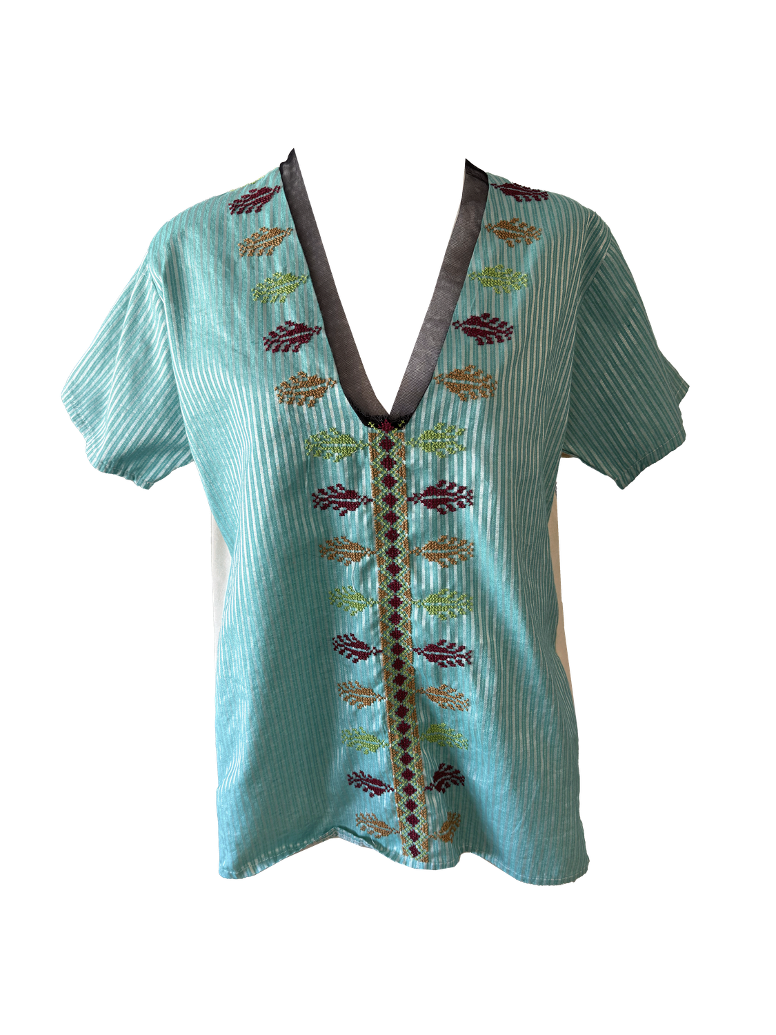 Hand Embroidered Saya Shirt in Turquoise