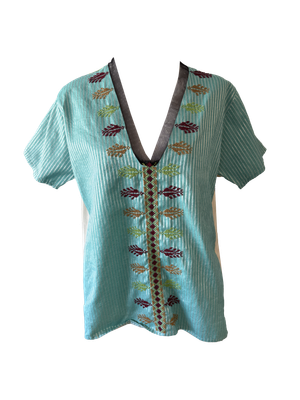 Hand Embroidered Saya Shirt in Turquoise