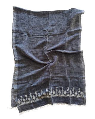The Embroidered Egyptian Cotton Scarf in Charcoal Grey