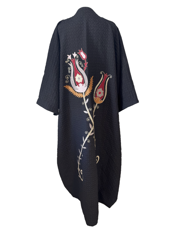 The Winter Abaya with Aghabani Embroidery in Textured Black with Burgundy Embroidery