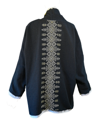 The Round Jacket in Black With White Trim and Hand Embroidery