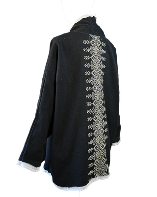 The Round Jacket in Black With White Trim and Hand Embroidery