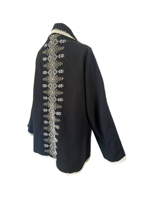 The Round Jacket in Black With White Trim and Beige Hand Embroidery
