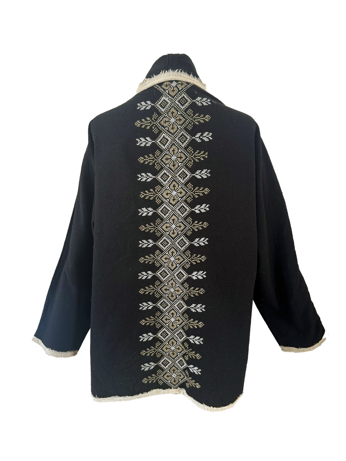 The Round Jacket in Black With White Trim and Beige Hand Embroidery