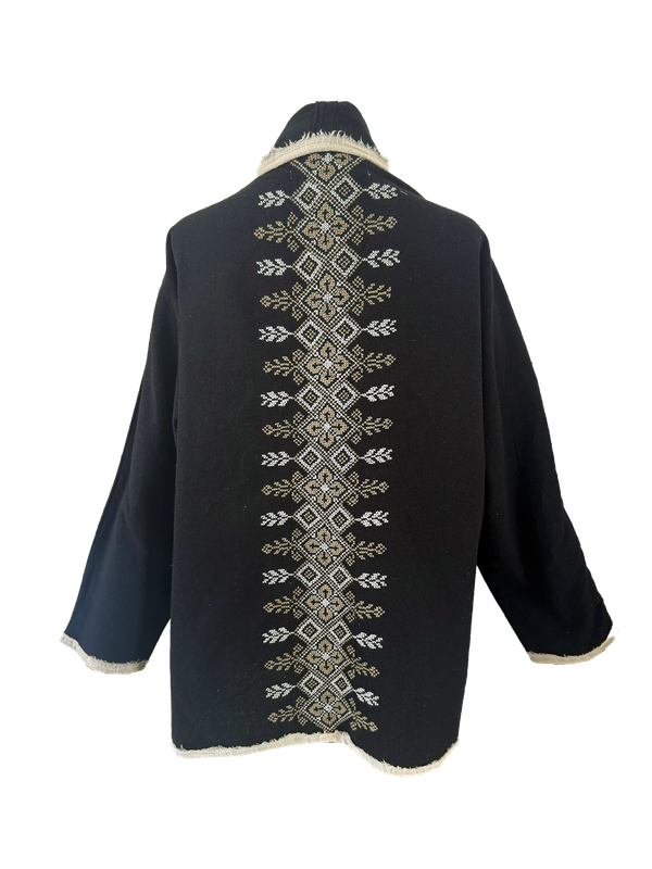 The Round Jacket in Black With White Trim and Beige Hand Embroidery