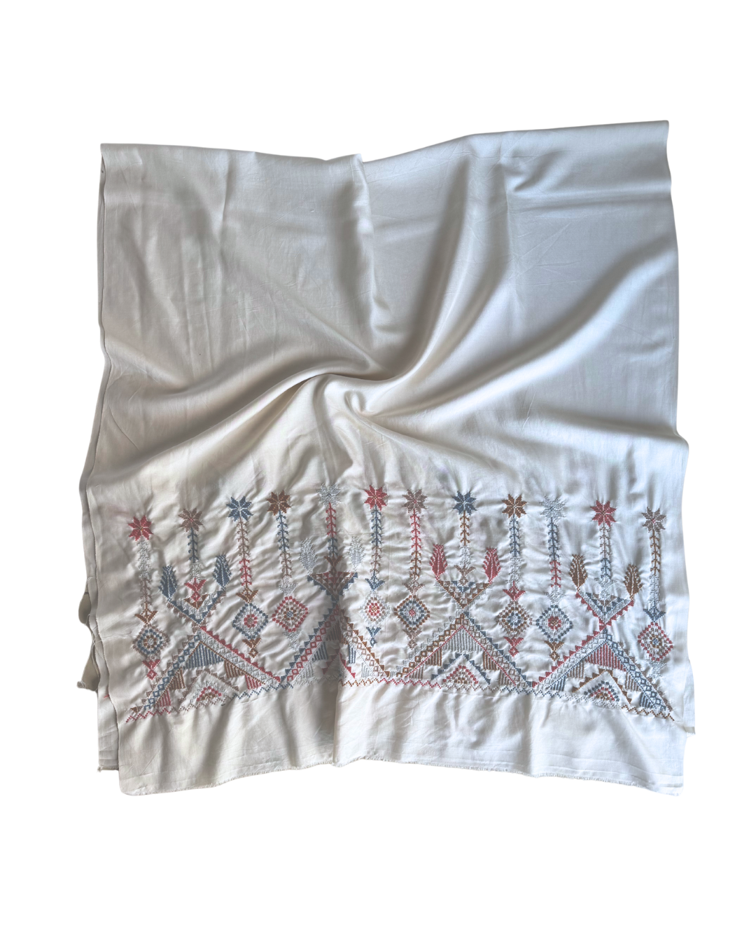 The Double Width Embroidered Silk Scarf in White