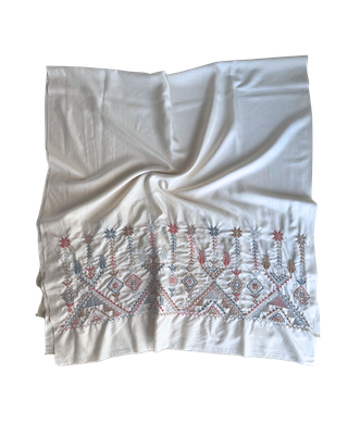 The Double Width Embroidered Silk Scarf in White