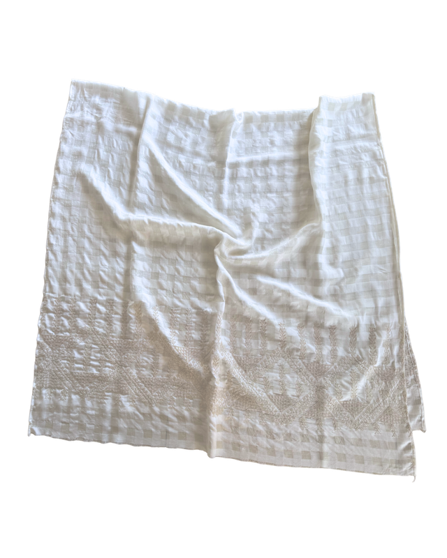 The Embroidered Double Width Silk Scarf in White with Heavy Embroidery