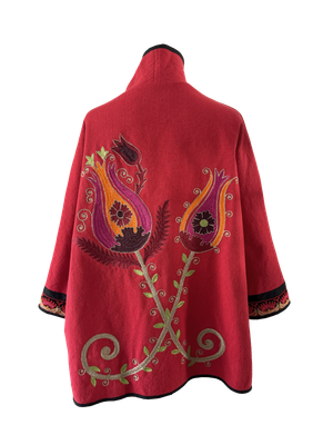 The Red Egyptian Cotton Round Jacket With Tulip Embroidery