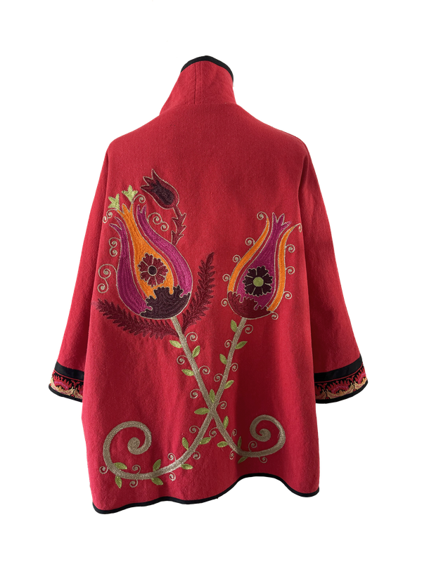 The Red Egyptian Cotton Round Jacket With Tulip Embroidery