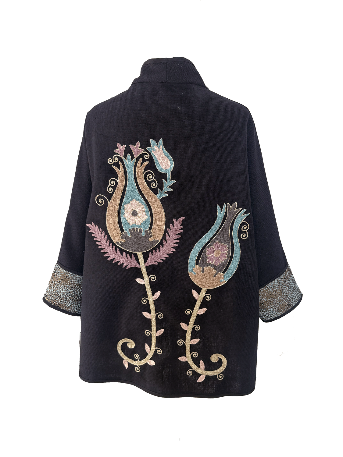 The Black Round Jacket With Aghabani Embroidery and Blue Cuffs