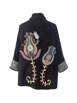 The Black Round Jacket With Aghabani Embroidery and Blue Cuffs