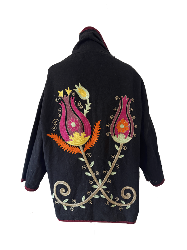 The Black Egyptian Cotton Round Jacket With Pink Aghabani Embroidery