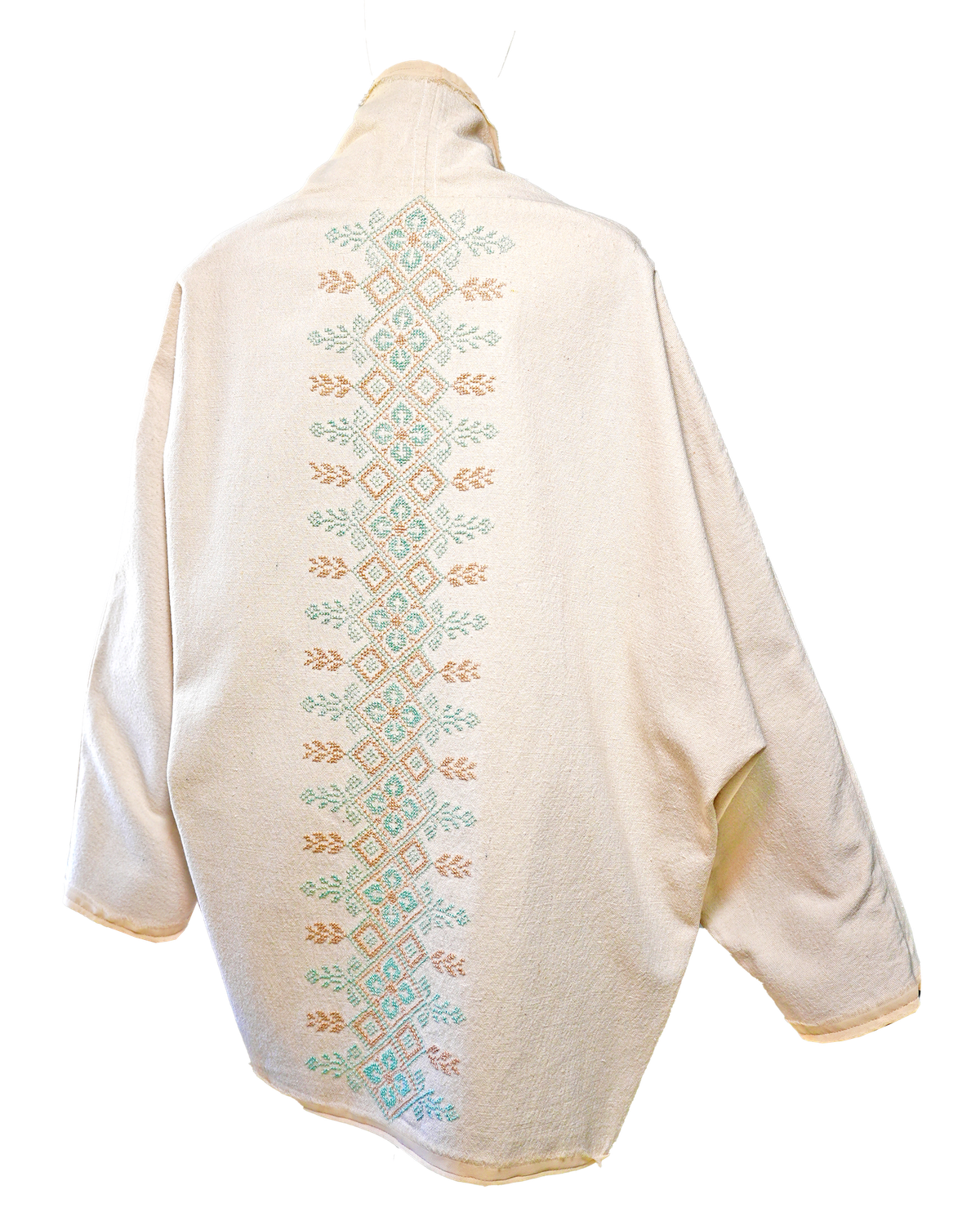 The Round Jacket in White With Blue Hand Embroidery