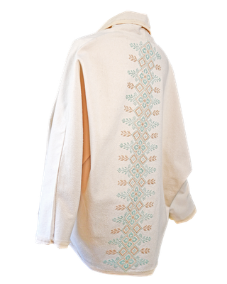 The Round Jacket in White With Blue Hand Embroidery