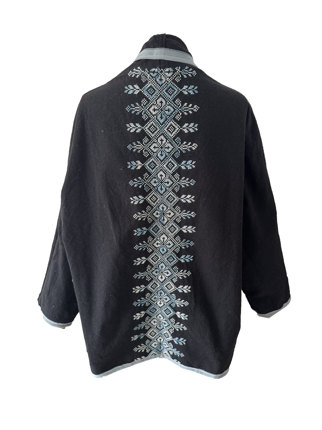 The Round Jacket in Black With Blue Trim and Blue Hand Embroidery