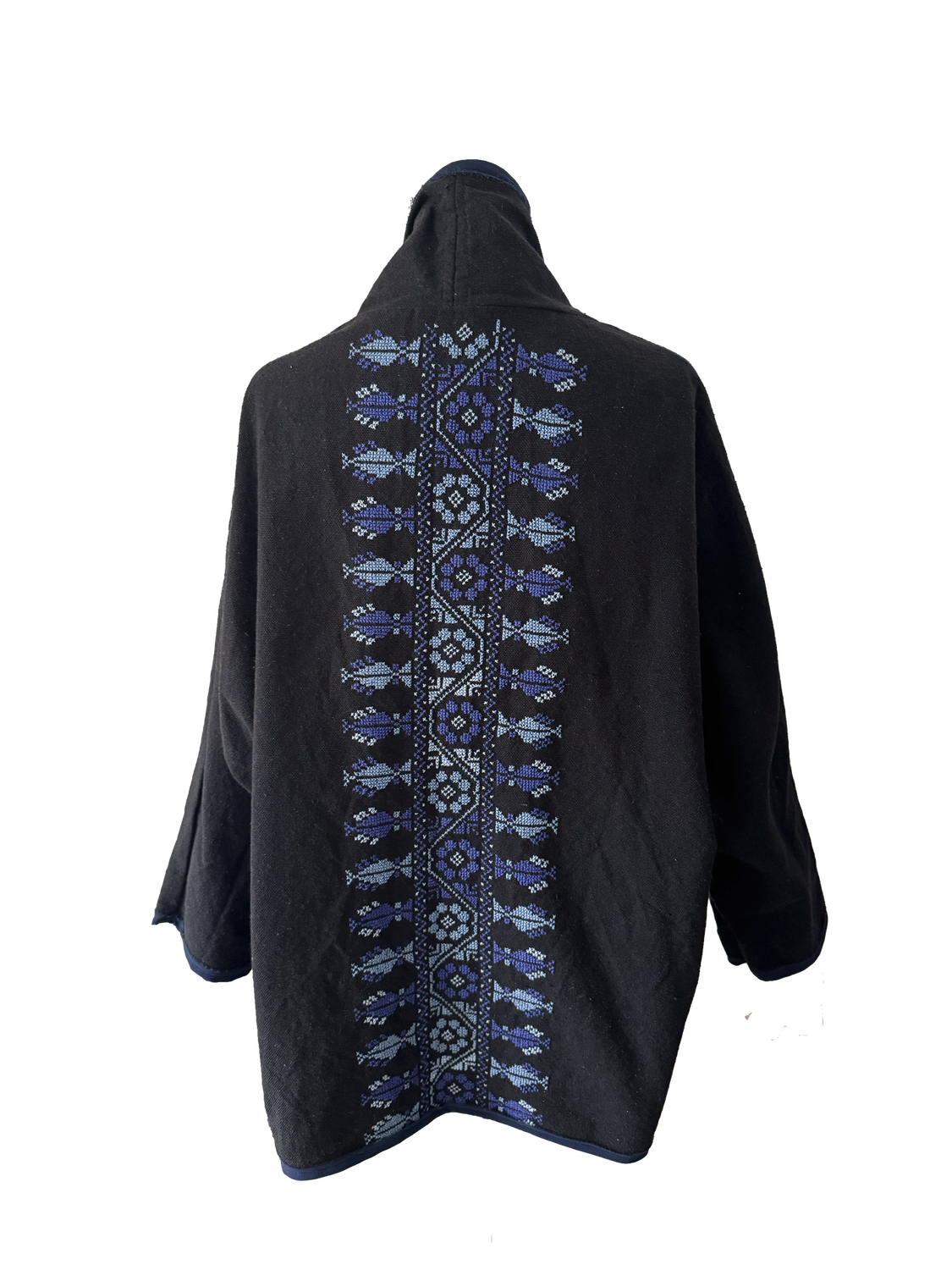 The Round Jacket in Black With Navy Blue Trim and Blue Hand Embroidery