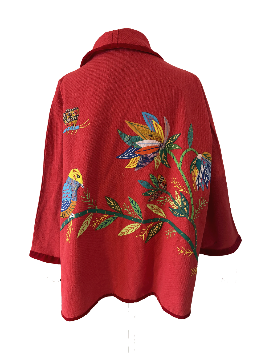The Round Jacket in Bright Red With Patchwork Hand Embroidery